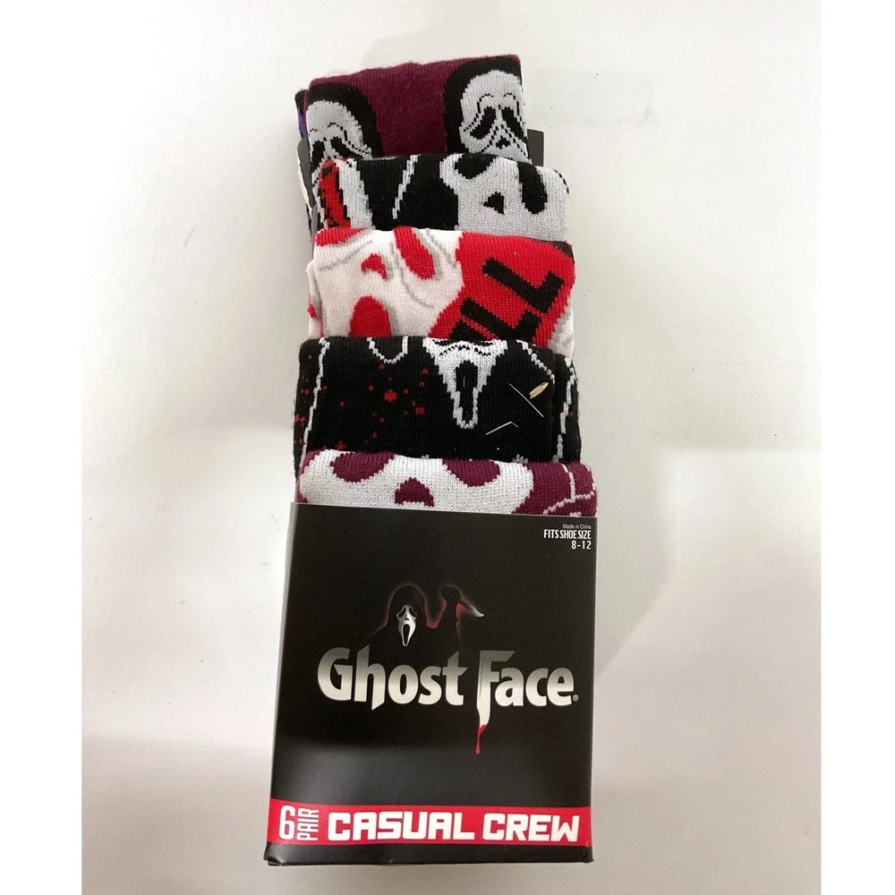 Ghost Face Scream Horror Movie Crew Socks 6 Pair Pack Shoe Size 8-12 New